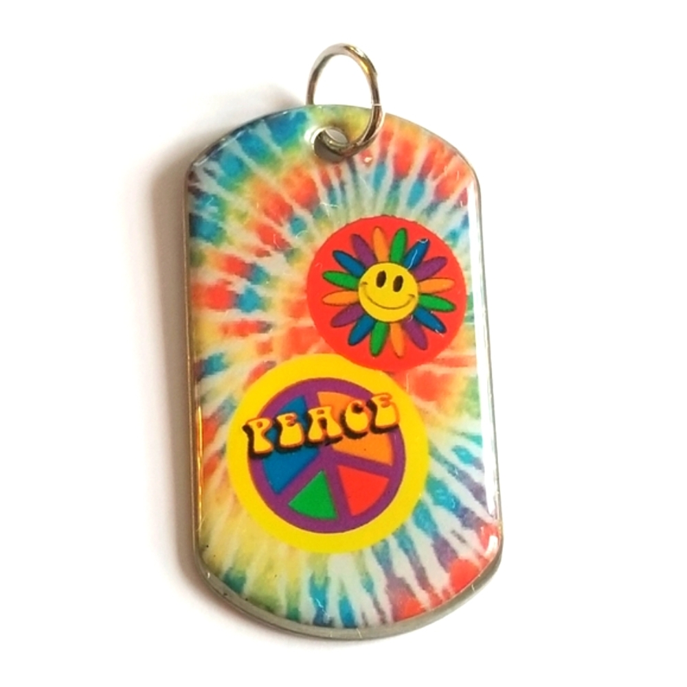Y2k smiley face peace sign dog tag pendant  charm hippie tie dye daisy floral
